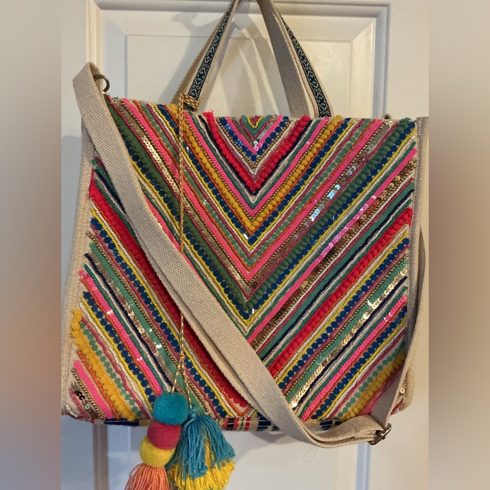 America & Beyond Chevron Boho Multicolor Pom-Pom Embroidered Crossbody Tote Bag - Picture 8 of 8